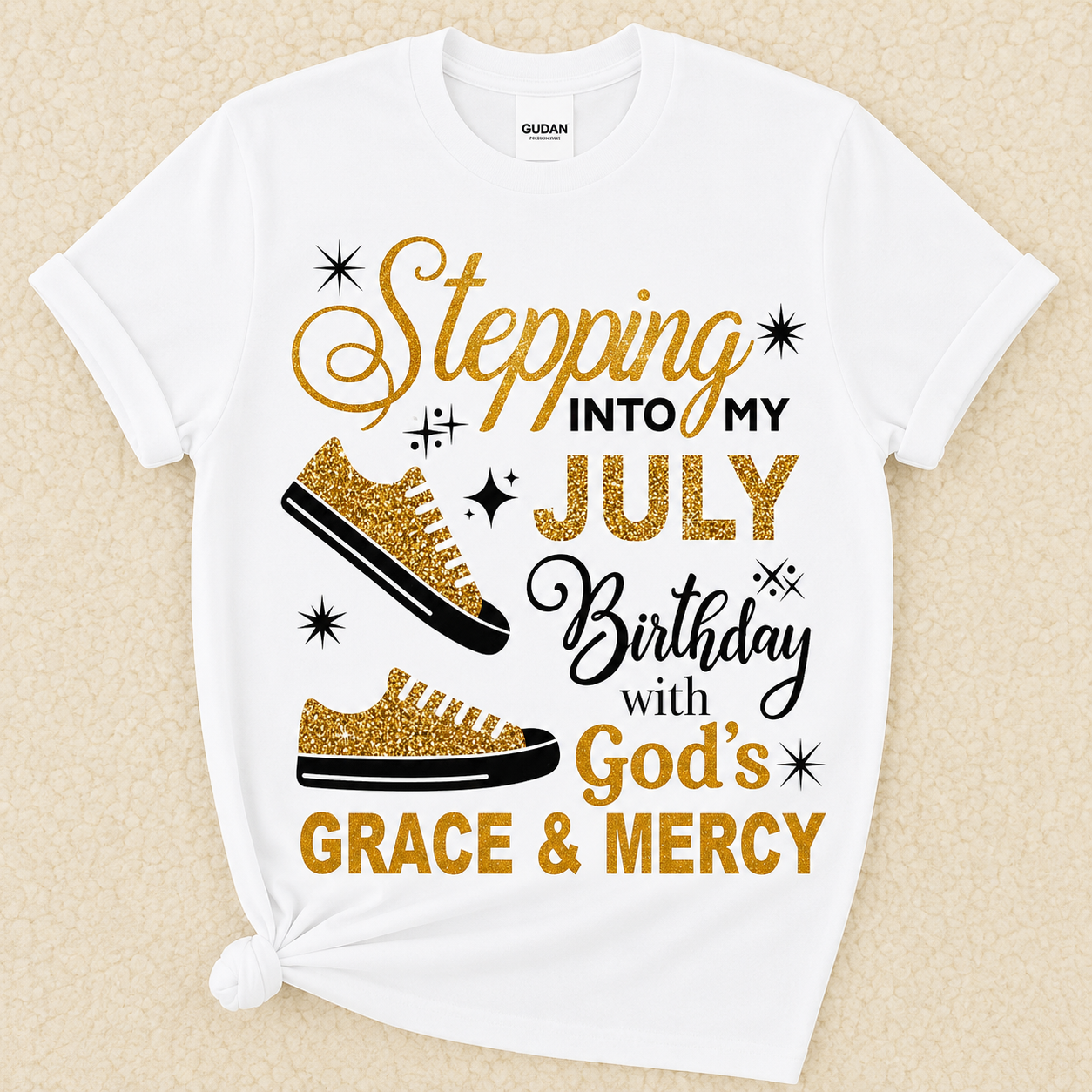 Stepping Into My July Birthday with God's Grace & Mercy Canvas Sneaker Graphic T-Shirt - Image 2