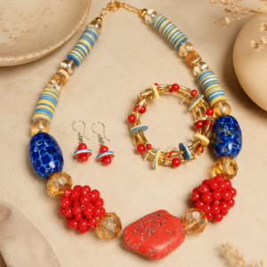 Vibrant African-Inspired Beaded Jewelry Set – Necklace, Bracelet & Earrings